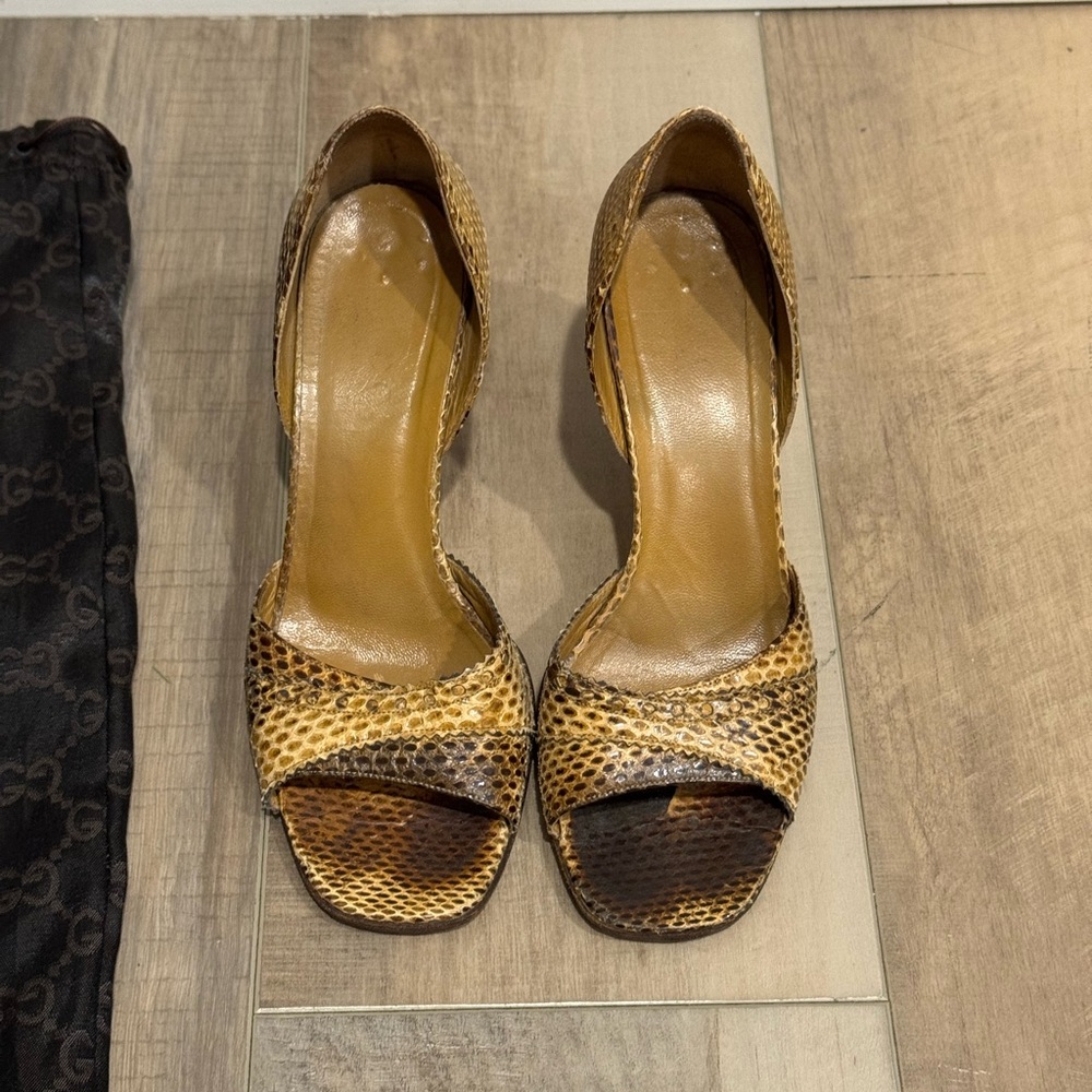 Gucci Women’s Size 6 Brown Snake Skin Open Toe Pumps 3.5" Heels